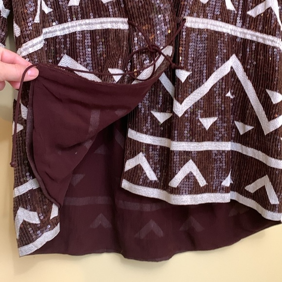 Vintage Fully Sequined Silk Brown White Aztec Design Surplice Tunic Dress XS - Picture 11 of 17
